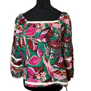 Women's Cynthia Rowley 100% Linen Floral Square Neck Top Blouse Pink Green SZ M